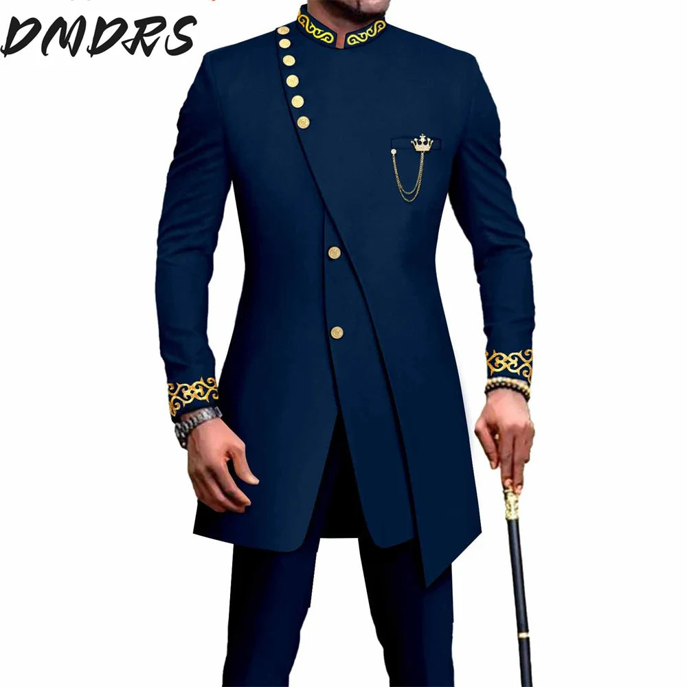 Elegant African National Printing Batik Men's Casual 2PCS Suit For Wedding Dinner Event Suit terno masculinos complete costume