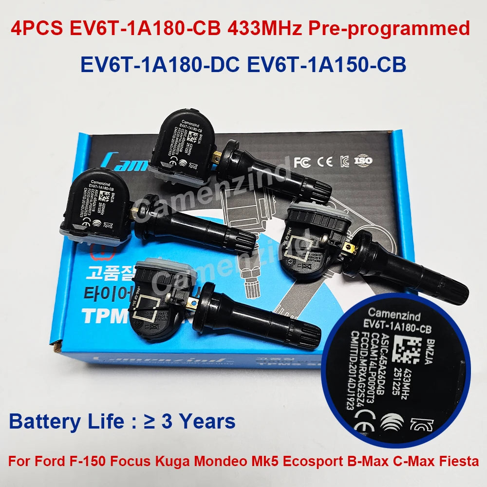 4pcs Programmed TPMS Sensor EV6T-1A180-CB EV6T1A180CB EV6T-1A180-DC For Ford F-150 Focus Kuga Mondeo Mk5 Ecosport Fiesta 433MHz