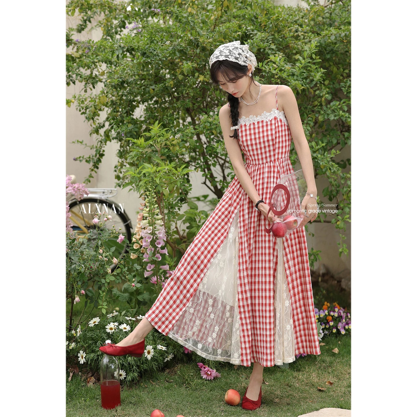 ALXNAN Plaid Lace Panel Sleeveless Dress Long A-line Women's Holiday Party Dresses Fashion Elegant Travel Female Clothing L53525