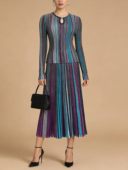 VGH Elegant Stylish Striped Knit Two Piece Set for Women Slimming Long Sleeve Pullovers Pleated Skirt Outfit for Cocktail Events