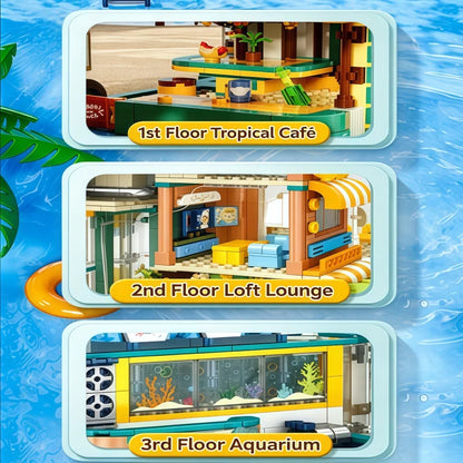 New Sunshine Park Summer Seaside Vacation Street Scene Building Block Set, a multi-story modular building block model of a surf
