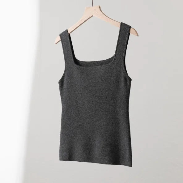 100% Superfine Merino Wool French Square-Neck Knit Camisole for Women, Slim Fit, Elegant, Versatile, Thin, Suitable for Work and Casual Wear