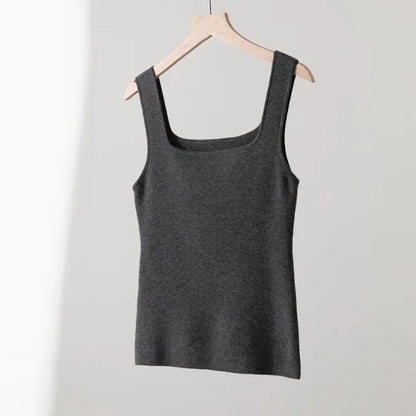 100% Superfine Merino Wool French Square-Neck Knit Camisole for Women, Slim Fit, Elegant, Versatile, Thin, Suitable for Work and Casual Wear
