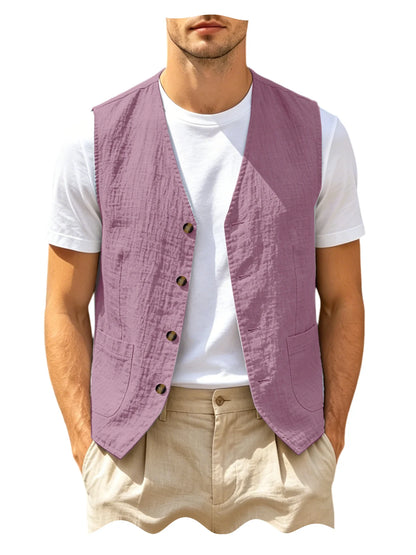 Men's Casual Linen Vest V-Neck Sleeveless Waistcoat Summer Lightweight Breathable Solid Color Button Up Vest For Daily Vacation