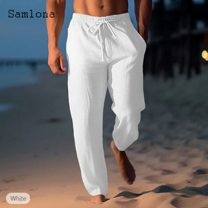 2026 new fashionable casual cotton and linen pants, solid color and ankle pants, plus size men's drawstring casual sports pants