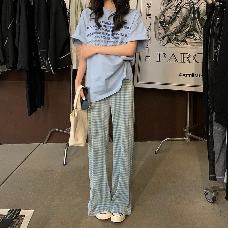 Summer Thin High Waist Casual Wide Leg Pants Women's Folded Texture Split Trousers Cool Korean Style Commute Polyester Cotton