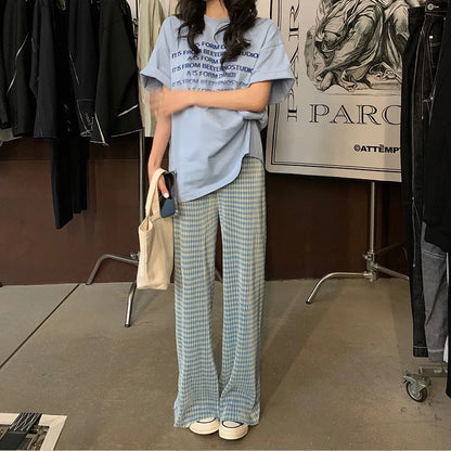 Summer Thin High Waist Casual Wide Leg Pants Women's Folded Texture Split Trousers Cool Korean Style Commute Polyester Cotton