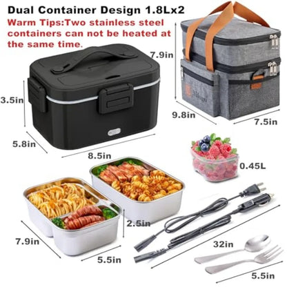 Electric Lunch Box for Adults 100W with 2 Stainless Steel Containers 1.8L Heated Lunch Boxes for Men Food Heater Portable 12/24