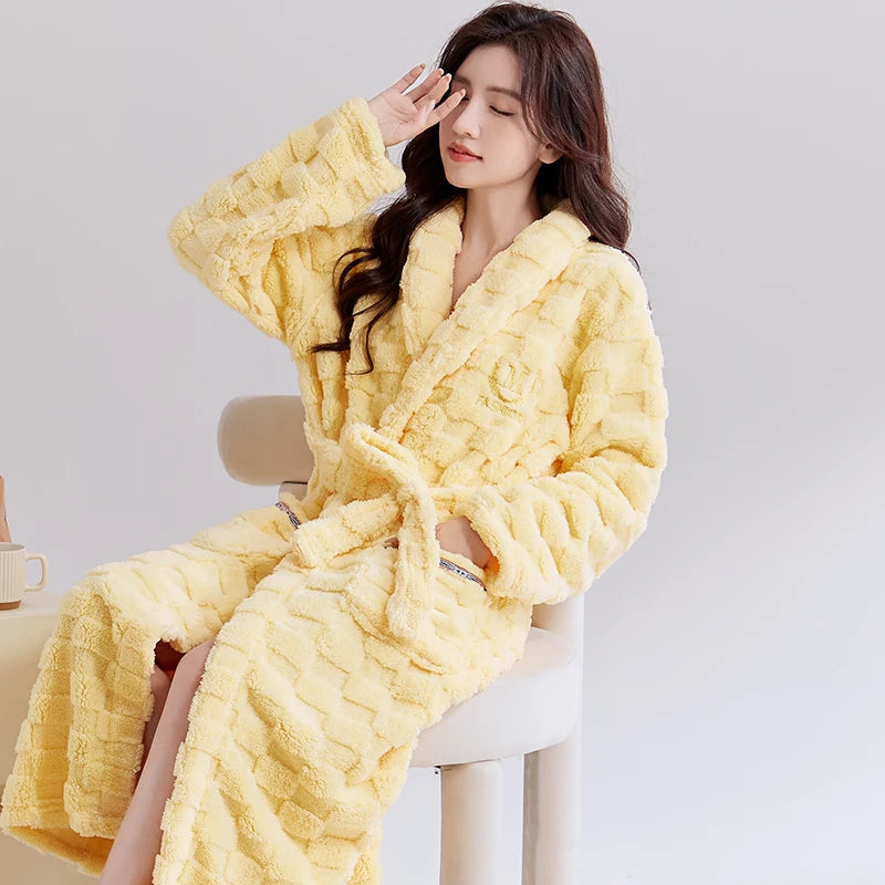 Thiened Coral Fce Robe Long Plu Spwear for Couples Autumn Winter Sle Home Clothes Outerwear Polyester Fiber