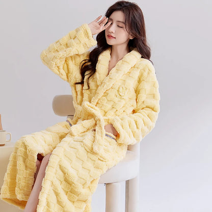 Thiened Coral Fce Robe Long Plu Spwear for Couples Autumn Winter Sle Home Clothes Outerwear Polyester Fiber