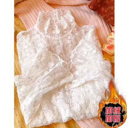Lace Sleeve Thermal Shirt Women's Fleece Lined Half High Collar Bell Sleeve Inner Wear Netting Warm Top Korean Style Straight...