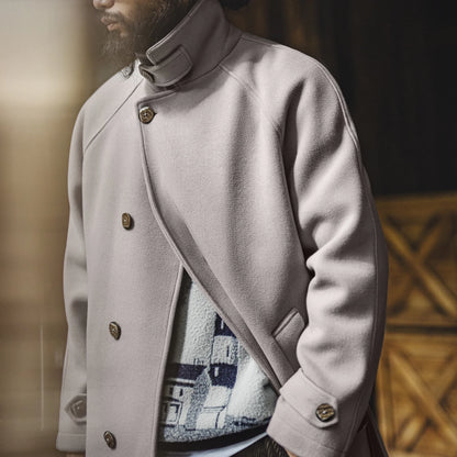Maden Vintage Grey Balmacaan Jacket Men's German-Style Windproof Overcoat Mid-Length Warm Trench Coat for Fall Winter Commute