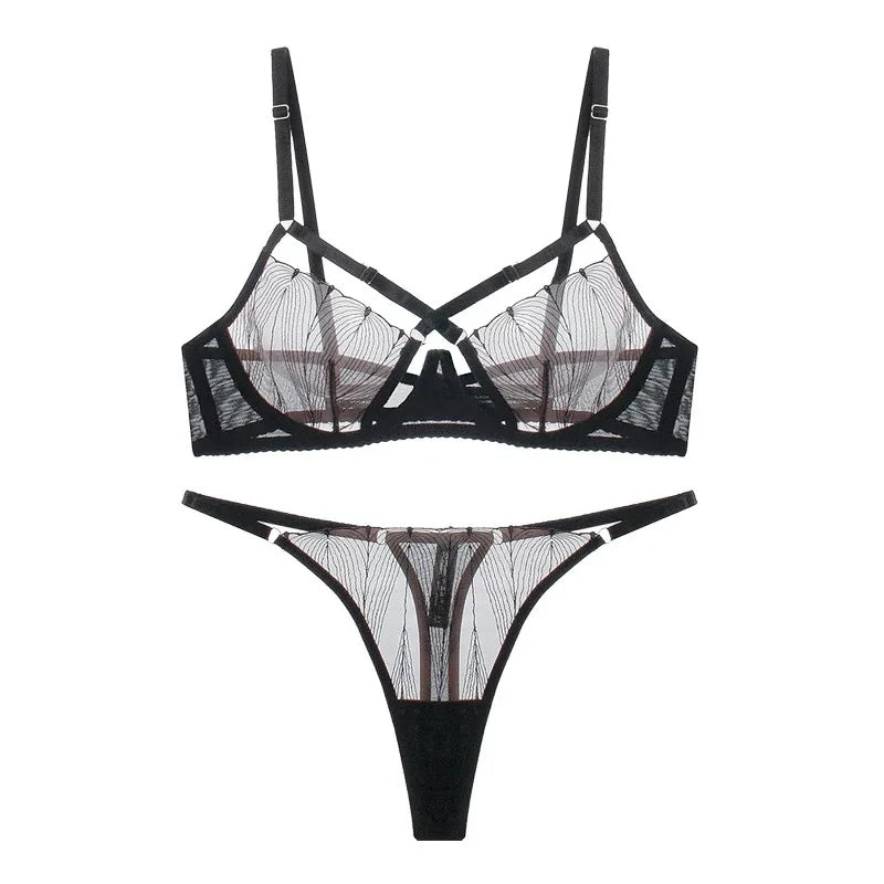 Women Sexy See Through Lace Bra Set Elegant Perspective Micro Bikini Thong Set French Style Ultra-thin Underwear Bra Panty Sets