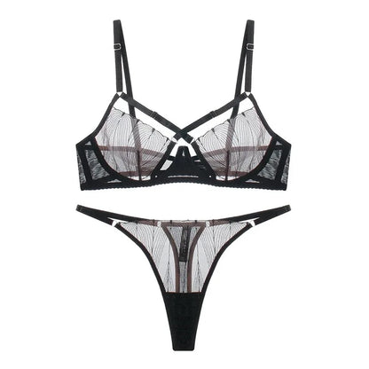 Women Sexy See Through Lace Bra Set Elegant Perspective Micro Bikini Thong Set French Style Ultra-thin Underwear Bra Panty Sets