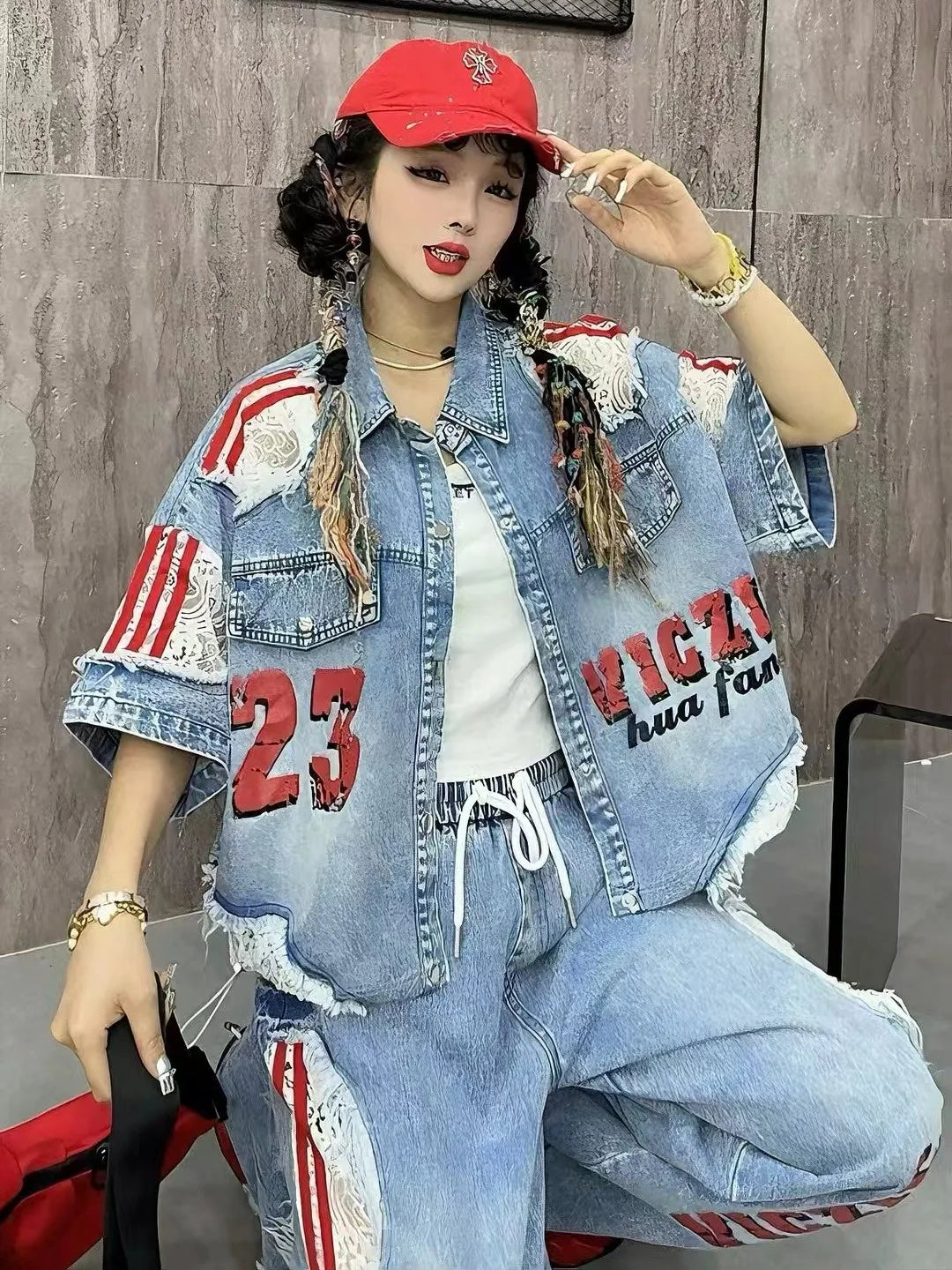 Casual Lace Hollow out Patchwork Summer New Women's Outfit Loose Top with Digital Letter Print Matching Long Pants