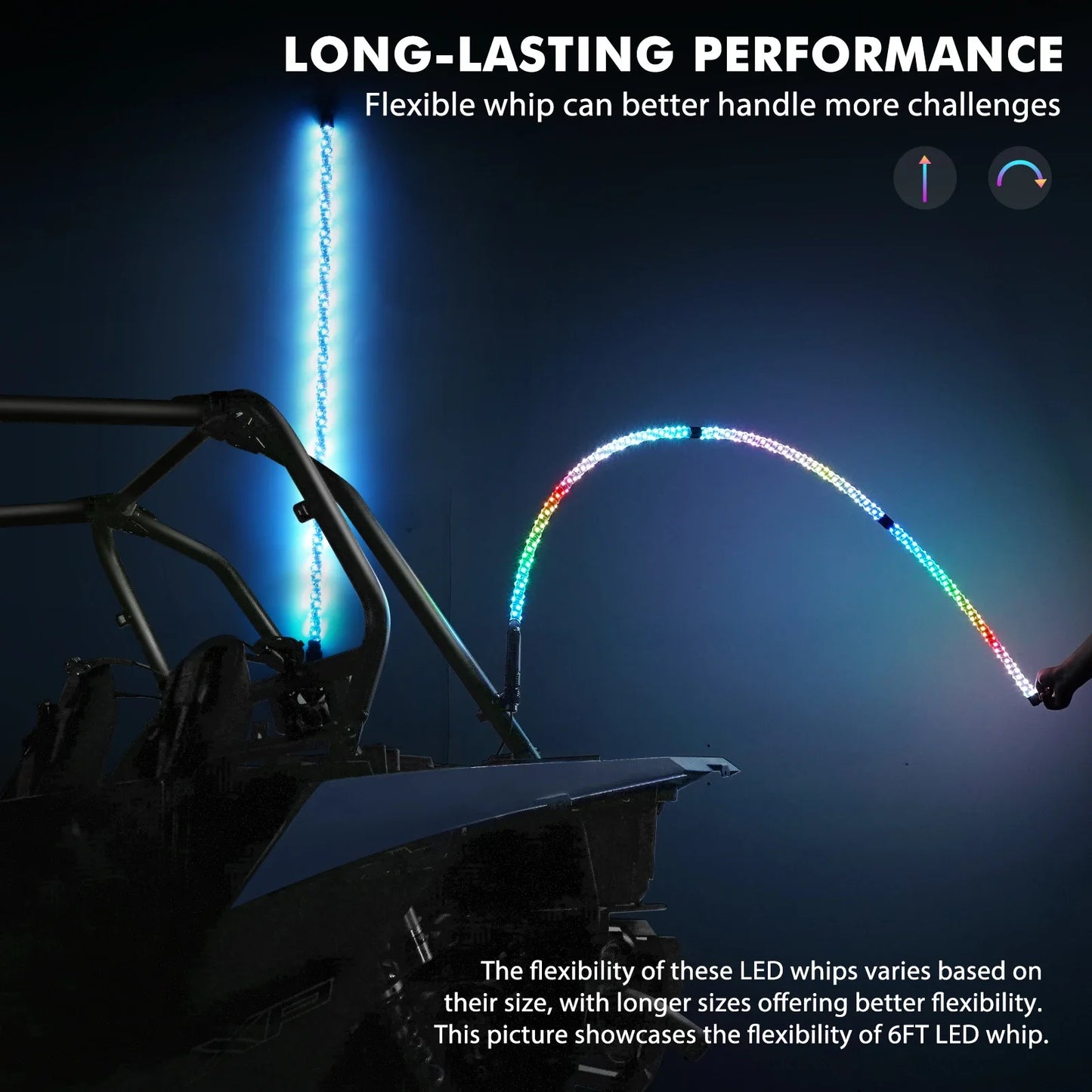 BEVINSEE 1PC 4FT Splitable LED Whip Light APP Remote Chasing Lighting for UTV ATV Polaris RZR Can-Am Maverick X3 Offroad Buggy