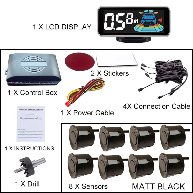8 Radar Parking Sensor Kit Backlit LED Display Parktronic Backup Detector Assistant Car Parking System