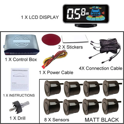 8 Radar Parking Sensor Kit Backlit LED Display Parktronic Backup Detector Assistant Car Parking System