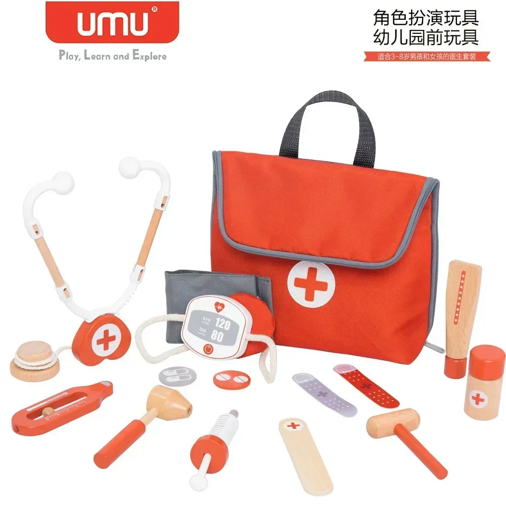 Kids Wooden Pretend Play Kit Games for Girls Boys Red Medical Dentist Medicine Box Cloth Bags Gifts Doctor Toys for Children Set
