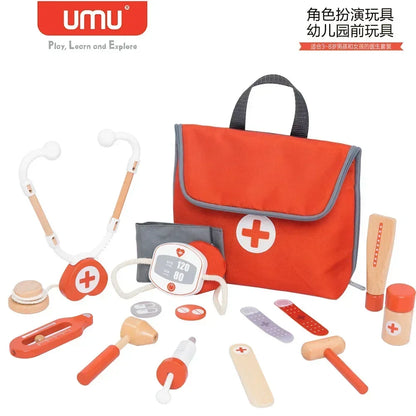 Kids Wooden Pretend Play Kit Games for Girls Boys Red Medical Dentist Medicine Box Cloth Bags Gifts Doctor Toys for Children Set