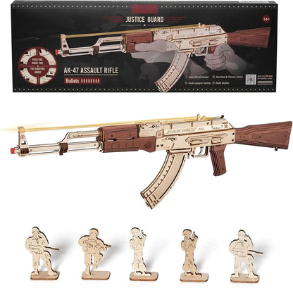 ROKR AK47 wooden rifle model toy, DIY rubber band gun, 3D wooden model assembly kit, single shot/burst mode