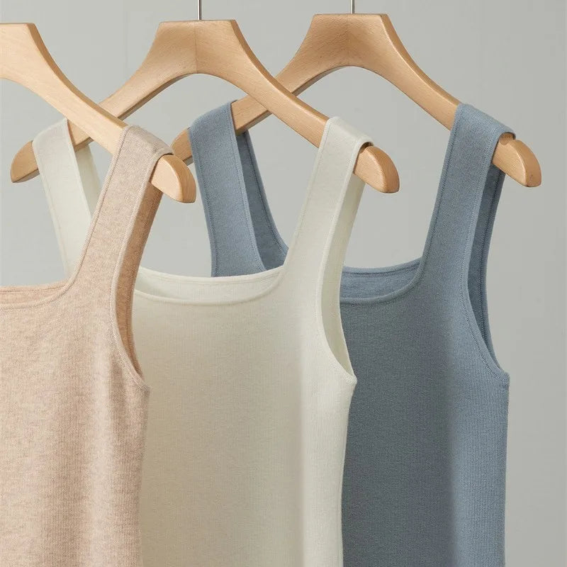 100% Superfine Merino Wool French Square-Neck Knit Camisole for Women, Slim Fit, Elegant, Versatile, Thin, Suitable for Work and Casual Wear