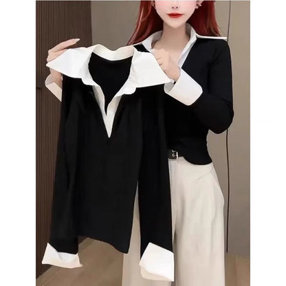 Spring Autumn 2026 Women's Slim Fit V Neck Bell Sleeve Shirt Color Block Waist Cinched False Two Piece Style Fashionable Offi...