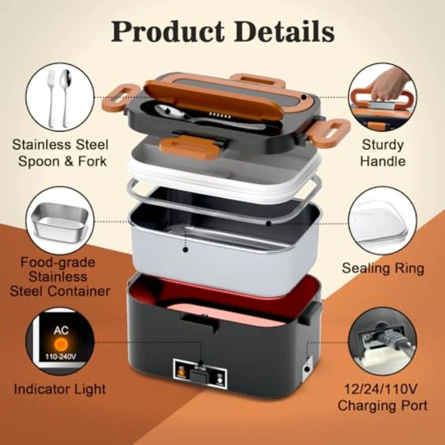 Electric Lunch Box for Adults - 2 Pack Container 100W Heated Lunch Box for Men Fast Heating Food Heater Portable with ON/OFF Sw