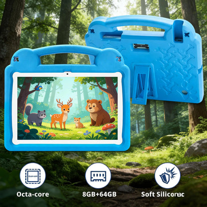 ANRY Children's Learning Tablet 10.1 Inch Android 15 8GB RAM 64GB ROM 5000mAh Battery Eye Care Shockproof Silicone Case for Kids