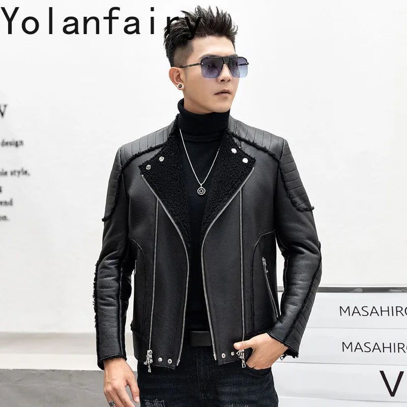 YOLANFAIRY New Luxury Winter Natural Wool Fur Coat Man Short Warm Men's Motorcycle Genuine Leather Jacket Real Sheepskin Coats