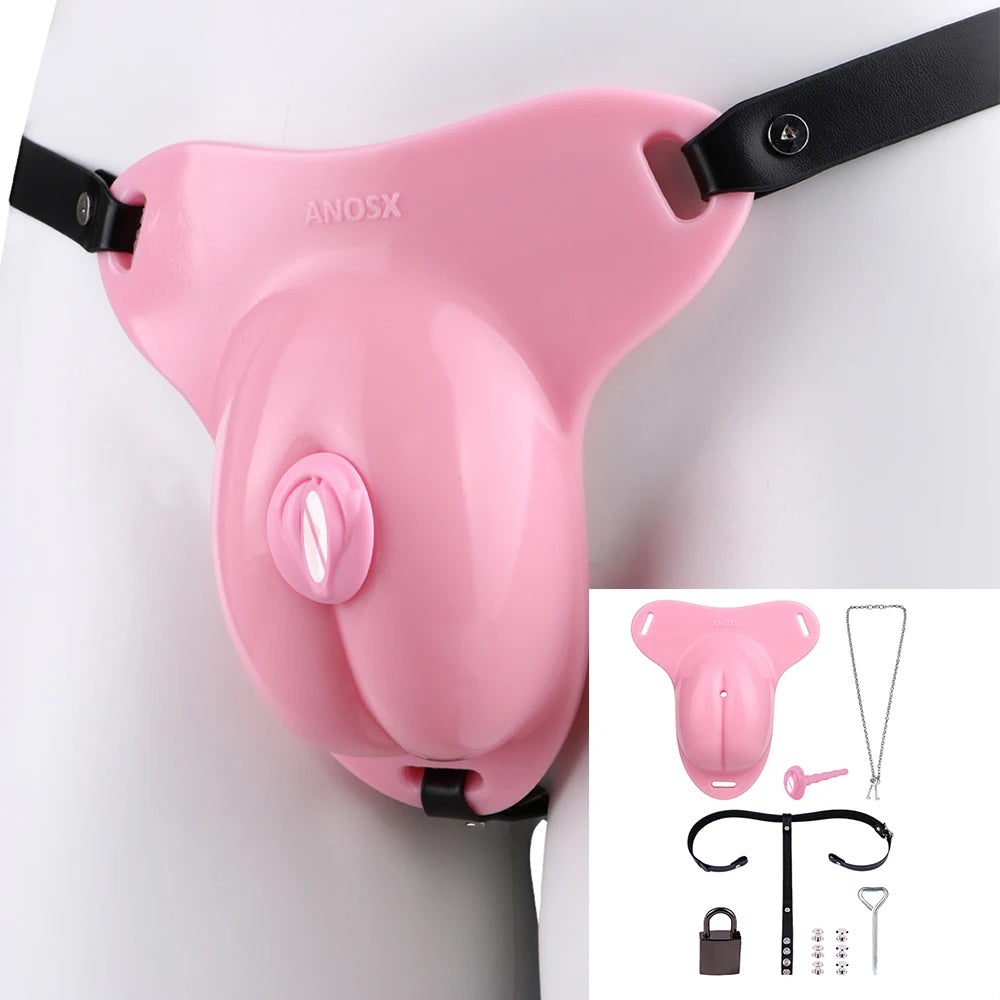 ANOSX Male Chastity Cage Soft Silicone Penis Cages With Chastity Belt Labia Urethral Plug Imitation Clitoris Cock Lock BDSM