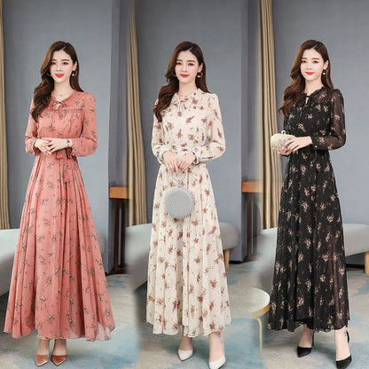 Fashionable new women's dress, chiffon long sleeve, Korean style floral print, new autumn and winter product, large hem, slimmin