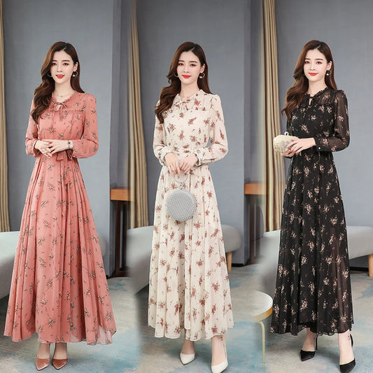 Fashionable new women's dress, chiffon long sleeve, Korean style floral print, new autumn and winter product, large hem, slimmin