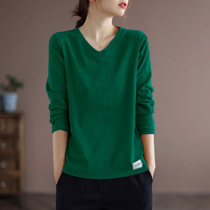 Pure Cotton Long Sleeve Women's T-shirt Autumn Season Versatile Base Layer Top Commute Style Loose Fit Regular Thickness