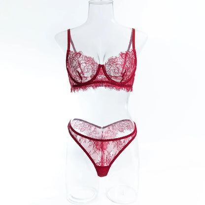 Ellolace Solid Women's Lingerie Sets Elegant Eyelash Lace Bra Panty 2PC Seductive See Through Intimate Willowy Sexy Underwear
