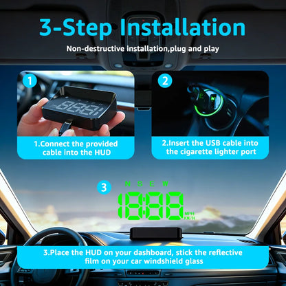 KWHUD Head-up Display Car HUD GPS Speedometer with Time Compass Display, Over-speed Alarm KM/H & MPH Car Electronics Accessories