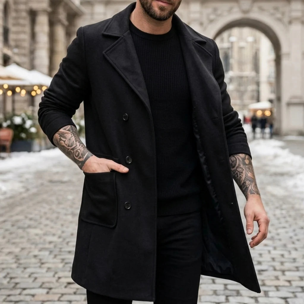 New Winter Men's Double-Breasted Knee-Length Trench Coat Windproof Lined Multi-Pocket Jakcets Business Casual Streetwear Coat