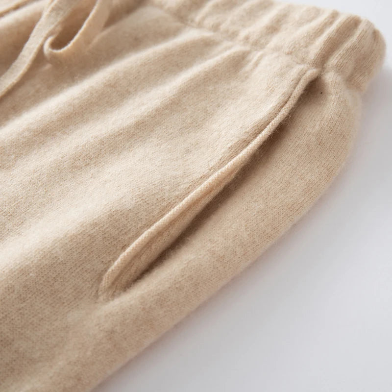 Ladies 100% Cashmere Knitted Wide Leg Pants Casual Solid Color Loose Fit Elastic Waist Floor-Length Poc Matching Pants