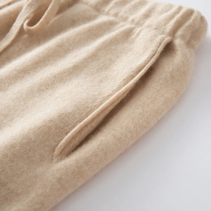 Ladies 100% Cashmere Knitted Wide Leg Pants Casual Solid Color Loose Fit Elastic Waist Floor-Length Poc Matching Pants