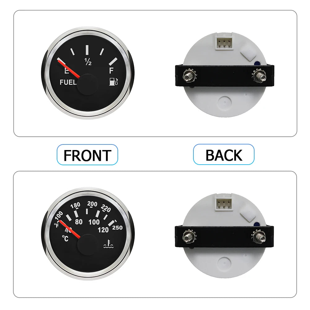 Universal 4 Gauge Set 52mm Water Temp Oil Pressure Fuel Level 0-190 240-33 ohm Meter Voltmeter with Backlight for Car Boat 12V