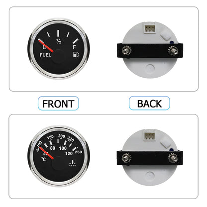 Universal 4 Gauge Set 52mm Water Temp Oil Pressure Fuel Level 0-190 240-33 ohm Meter Voltmeter with Backlight for Car Boat 12V