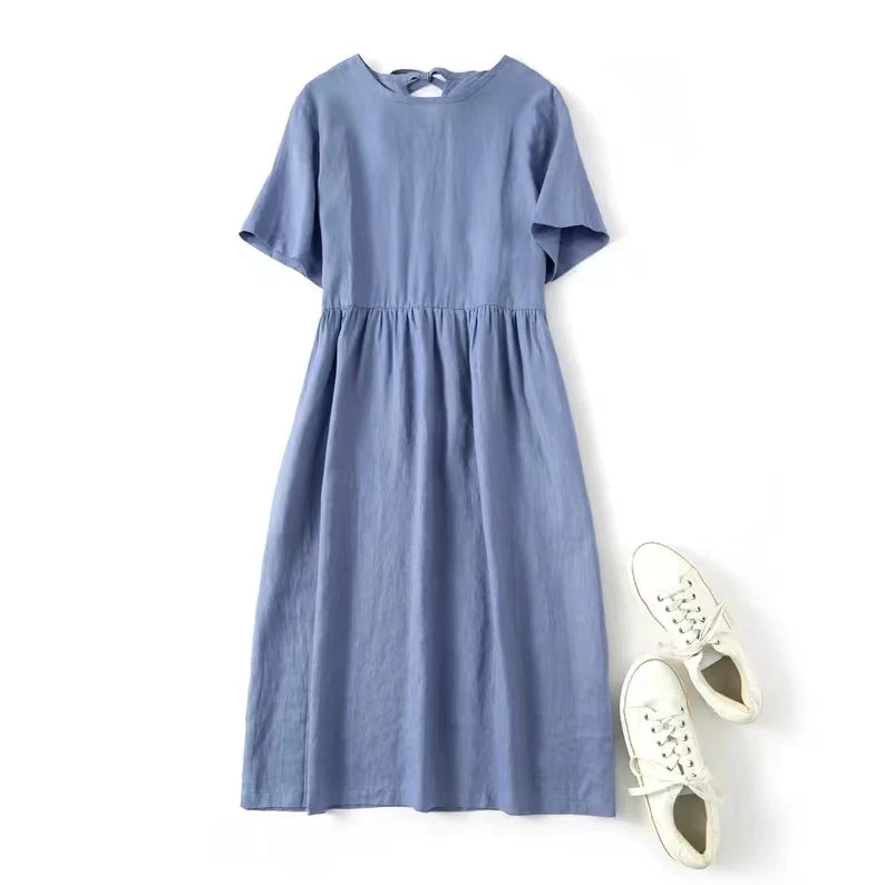 Summer Cotton Linen Women Dresses Vintage Short Sleeve Casual Loose Back Bandage Harajuku Party Club Dress With Pockets