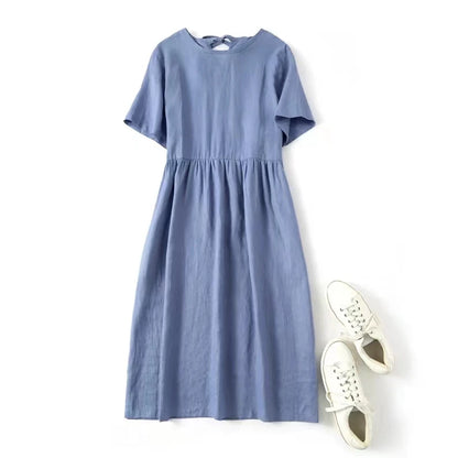 Summer Cotton Linen Women Dresses Vintage Short Sleeve Casual Loose Back Bandage Harajuku Party Club Dress With Pockets