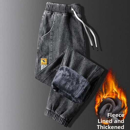 Thickened Fleece Lined Loose Fit Workwear Jeans for Men Casual Harlan Pants Multi Pockets Youth Trend Winter Construction Sit...