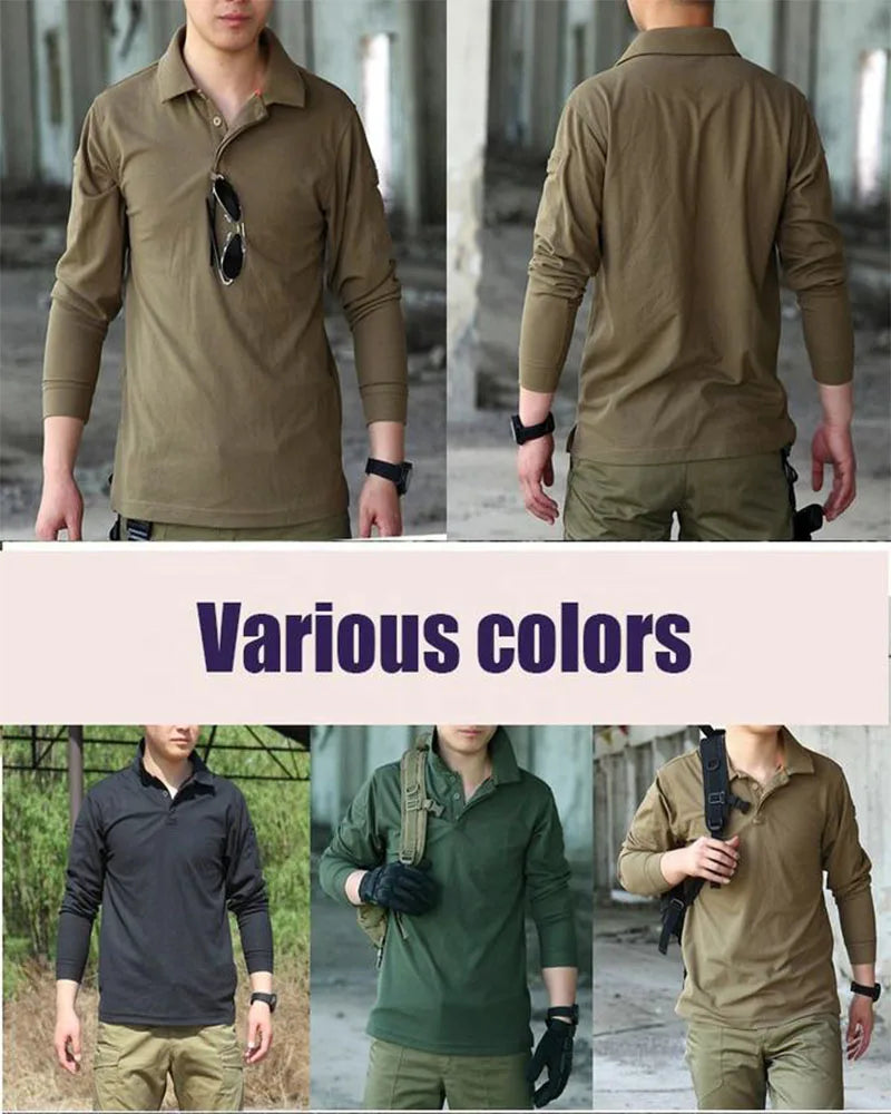 Men's Long Sleeve Tactical Training Shirt Outdoor Fitness Polo Shirt Spring Autumn Fitness Wear with Collar Army Style PT Shirt