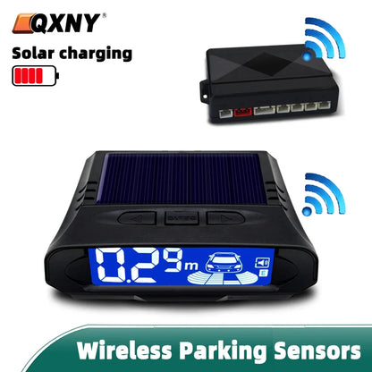QXNY Wireless Solar Charging 4 Parking Sensors Kit Backup Radar Rear Parktronic Auto LCD Monitor Detector Assistance Reverse