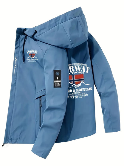 2025 New Men's Polyester Jacket with Norway Letters Print Hooded Outwear