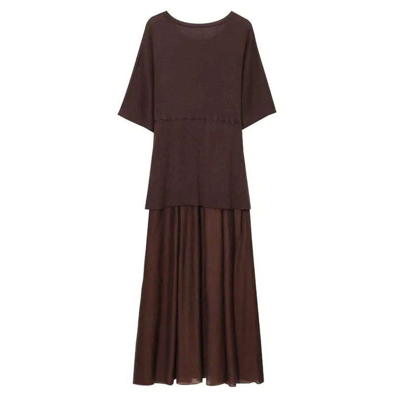 HXAO One Piece Women's Summer Dress Long Knitted Elegant Party Dresses Splicing Pleats Chiffon Short-Sleeved Casual Female Dress