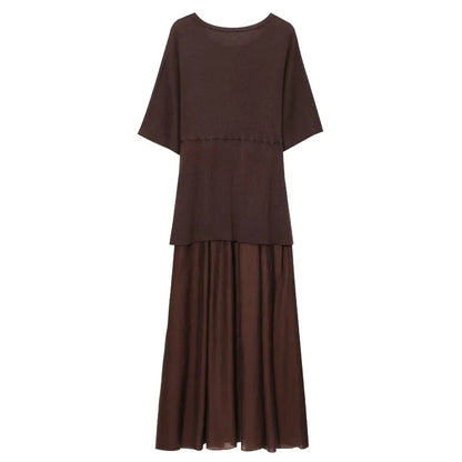 HXAO One Piece Women's Summer Dress Long Knitted Elegant Party Dresses Splicing Pleats Chiffon Short-Sleeved Casual Female Dress