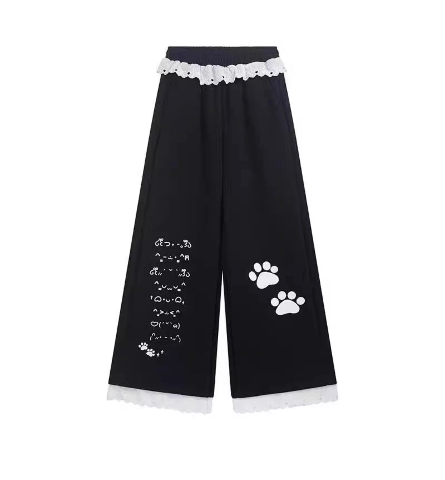 Sweet Cartoon Print Wide Leg Pants Women's High Waist Straight Lace Splice Casual Sports Sweatpants Breathable Cotton Blend